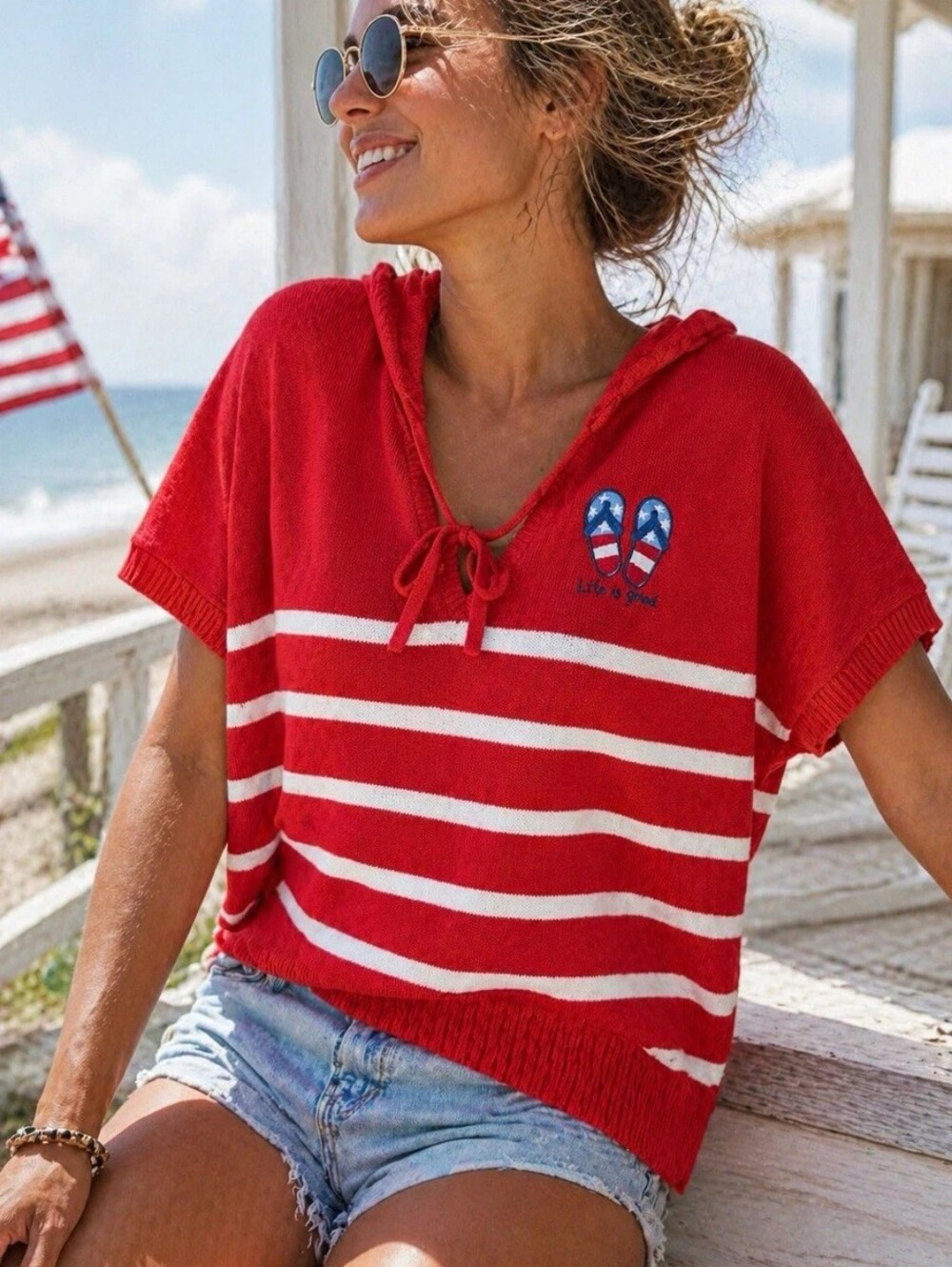 Life is Good Red Striped Knit Lounge Set Size L Short Sleeve Hoodie & Shorts 2pc